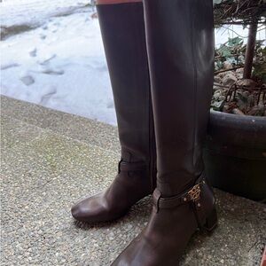 Tory Burch Dark Brown Tall Riding Boots with Logo Buckle
